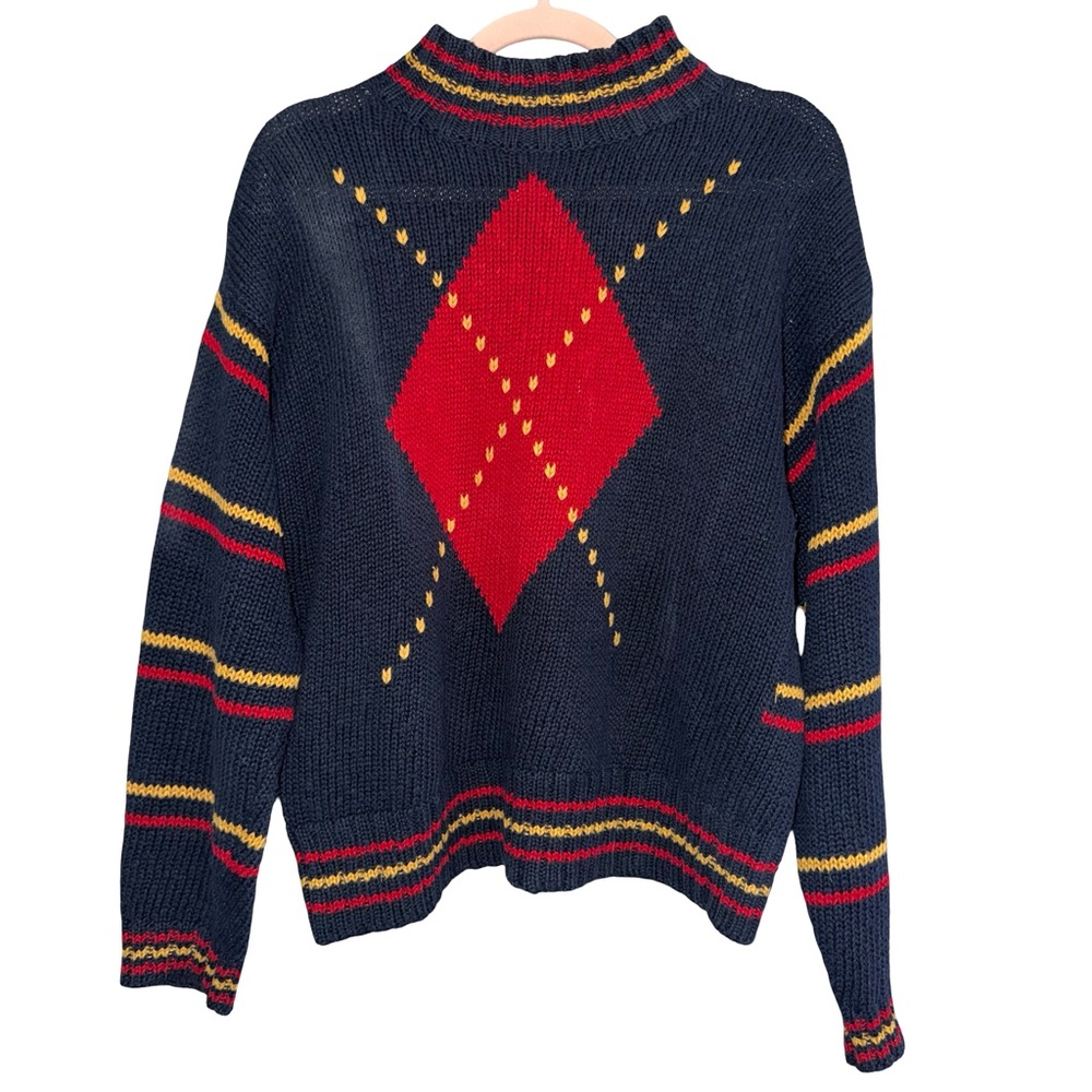 LizWear Navy and Red Argyle Women's Sweater small